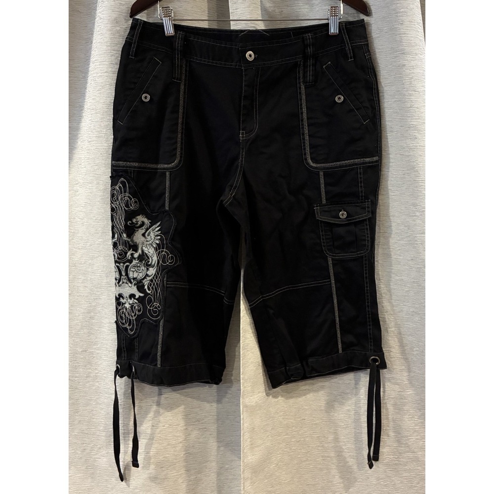 Y2K Venezia Dragon‎ Embroidered Cargo Capri Black Size 16 Mall Goth Grunge